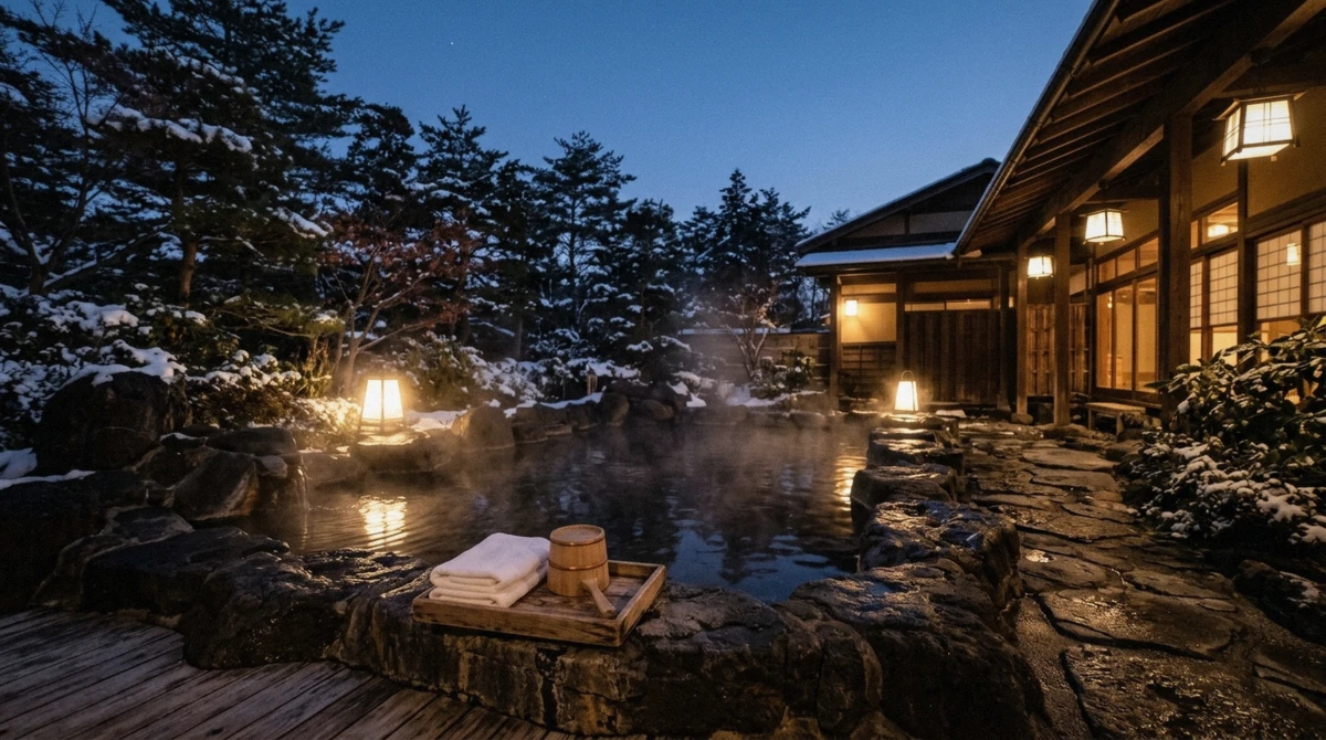 Steaming outdoor hot-spring bath at a Noboribetsu Onsen ryokan at dusk, the overnight base for a Noboribetsu Bear Park visit, Hokkaido