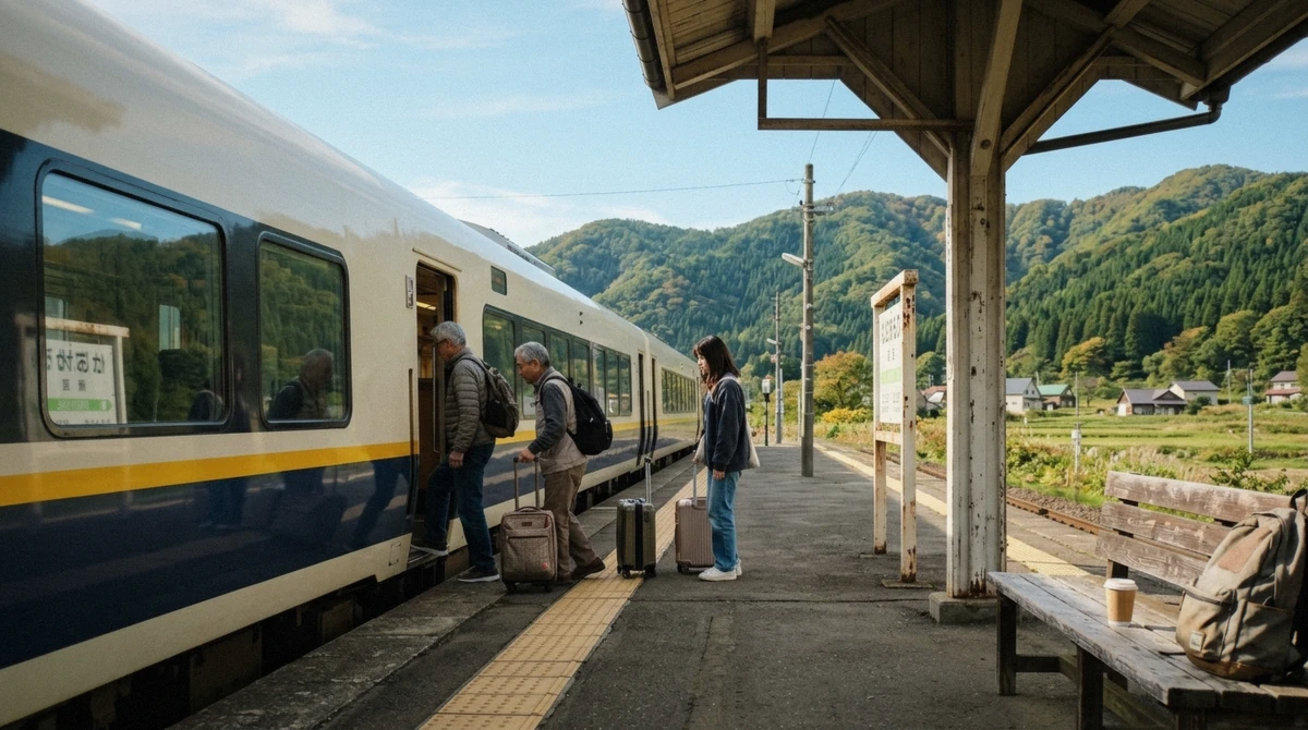 Limited express train at a rural Hokkaido platform on the route from Sapporo to Noboribetsu for a Noboribetsu Bear Park visit