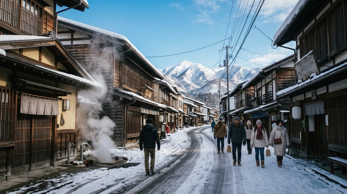 Snowy street of hot-spring inns in Noboribetsu Onsen below the ropeway to Noboribetsu Bear Park, Hokkaido