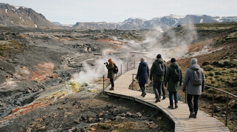 Coach group walking the steaming Jigokudani Hell Valley crater on a Noboribetsu day trip from Sapporo, the volcanic valley below Noboribetsu Bear Park, Hokkaido